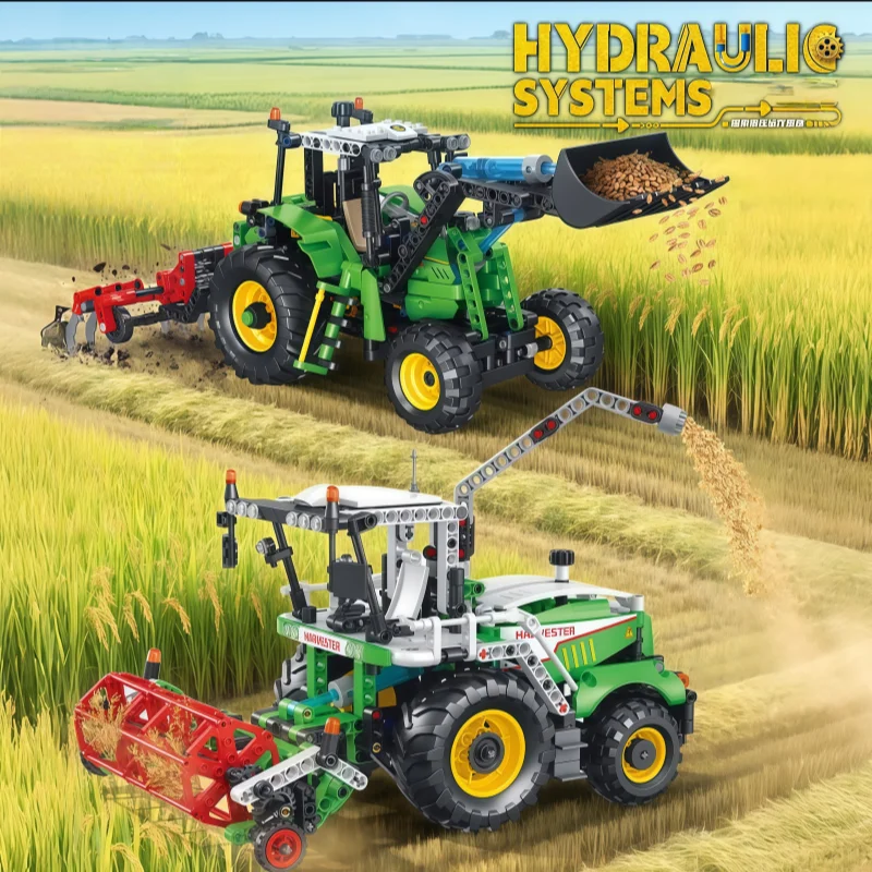 

Agricultural tractor building block set, 2-in-1 farm loader and harvester engineering vehicle model with hydraulic structure, ST