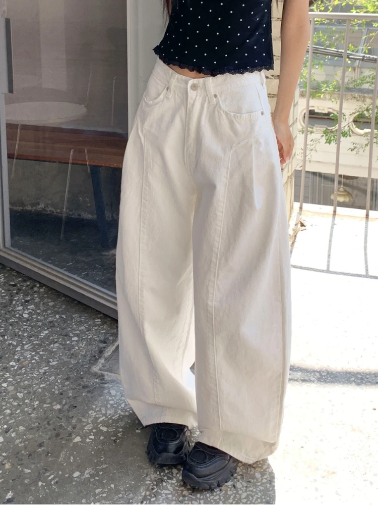 Celana Jeans Denim Putih High Waist Wide Leg Model Knife Wanita, Gaya Keren dan Trendi Amerika, Longgar, Kasual, Panjang hingga Lantai