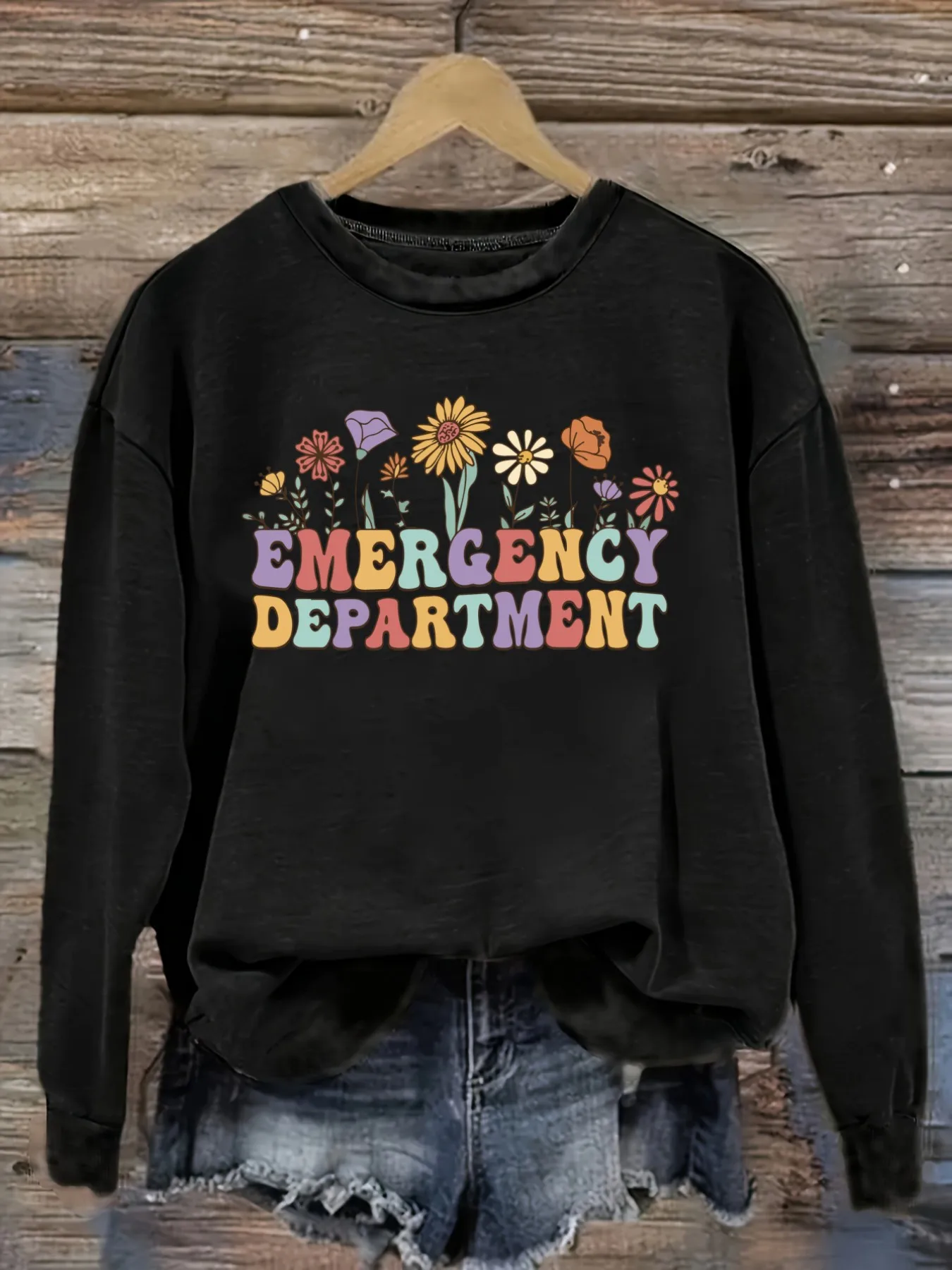 Women's Casual Long Sleeve Crew Neck T-Shirt Colorful Flowers Emergency Department Text Design, Round Neck Women's Clothing, Machine Washable, Slightly Elastic, Loose Fit, Spring Autumn Winter Women's T-Shirt, Halloween Costume Outfit