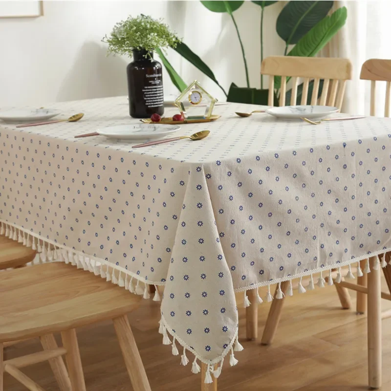 Retro Small Flowers Rectangle Tablecloths Tassel Polyester Cotton Printed Table Covers for Living Room Kitchen Dining Decoration