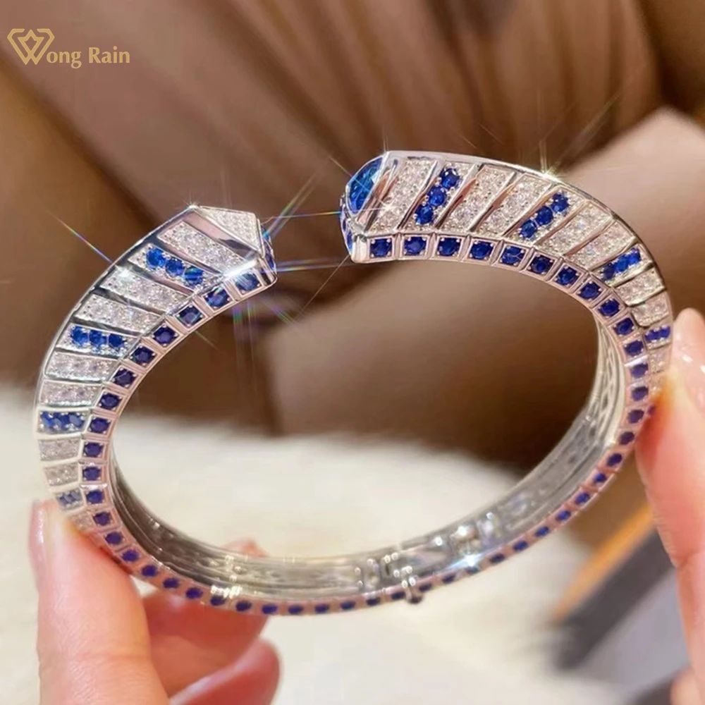 

Wong Rain Luxury 925 Sterling Silver Sapphire High Carbon Diamond Gemstone Open Bangle Bracelets Couple Fine Jewelry Wholesale