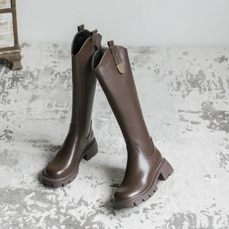 Knight Boots Women Thick Soled V-neck Long Boots Women Autumn/Winter Knee High Boots Thick High Heels Leather Women Boots 41-146