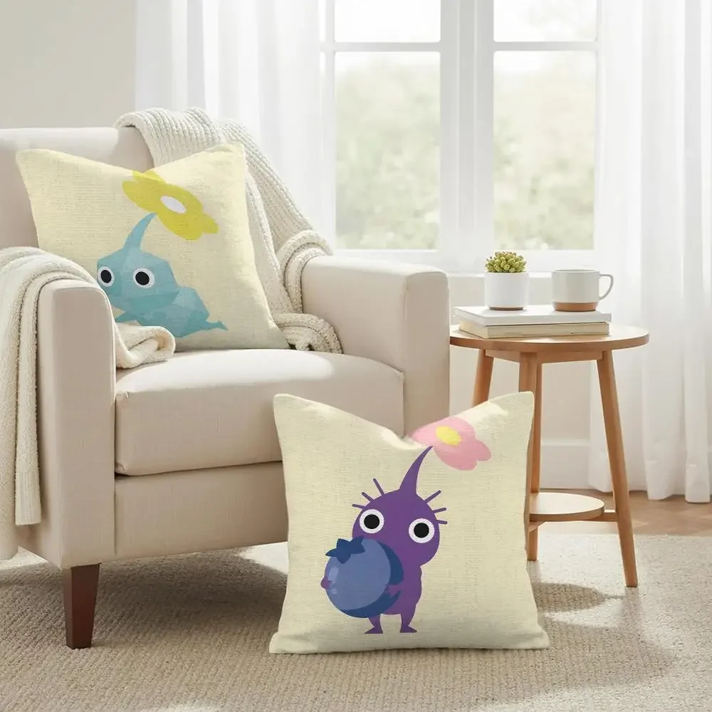 Anime P-Pikmin Cartoon Classic Cushion Cover Natural Linen Organic Fabric Double-Sided Printing Sofa Home Decor Gift Pillow Case