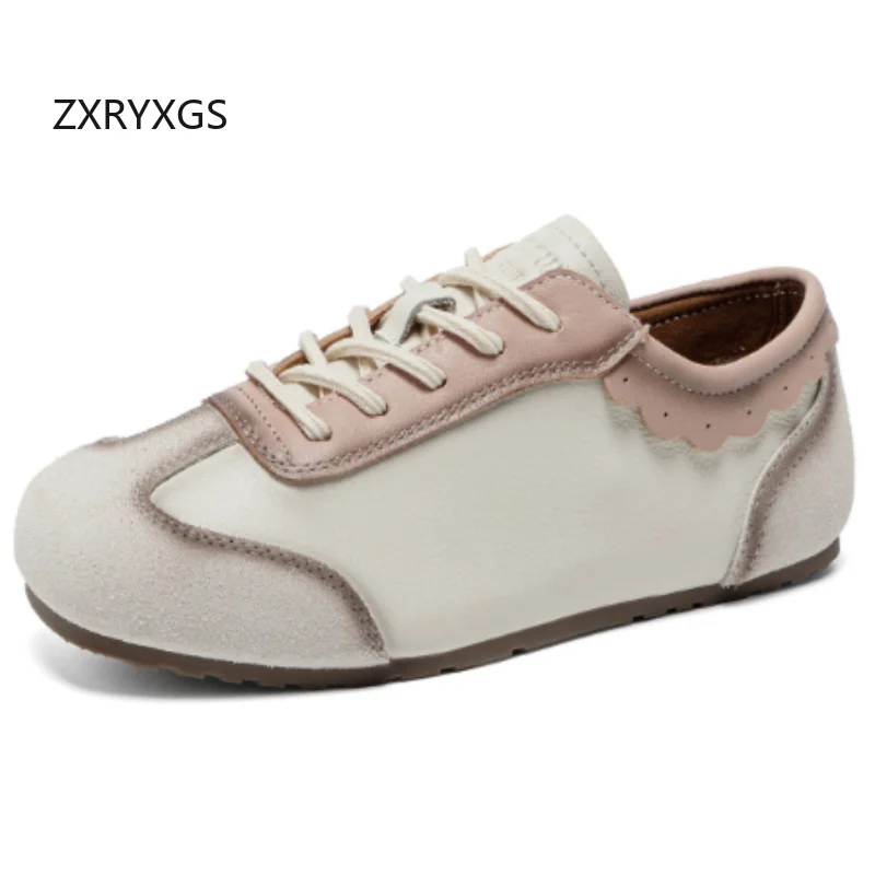 ZXRYXGS 2026 New Autumn Soft Top Cowhide Spell Colors Women Sneakers Shoes Flat Comfortable Soft Sole Fashion Casual Sneakers