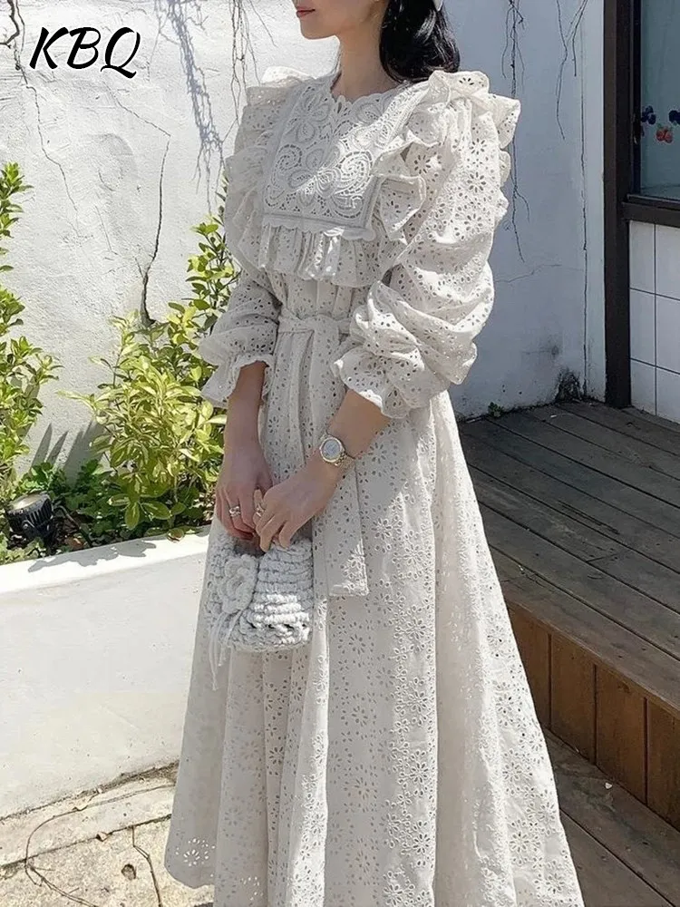

KBQ Spliced Lace Up Hollow Out Dresses For Women Round Neck Long Sleeve High Waist Patchwork Folds Dress Female Fashion Clothing