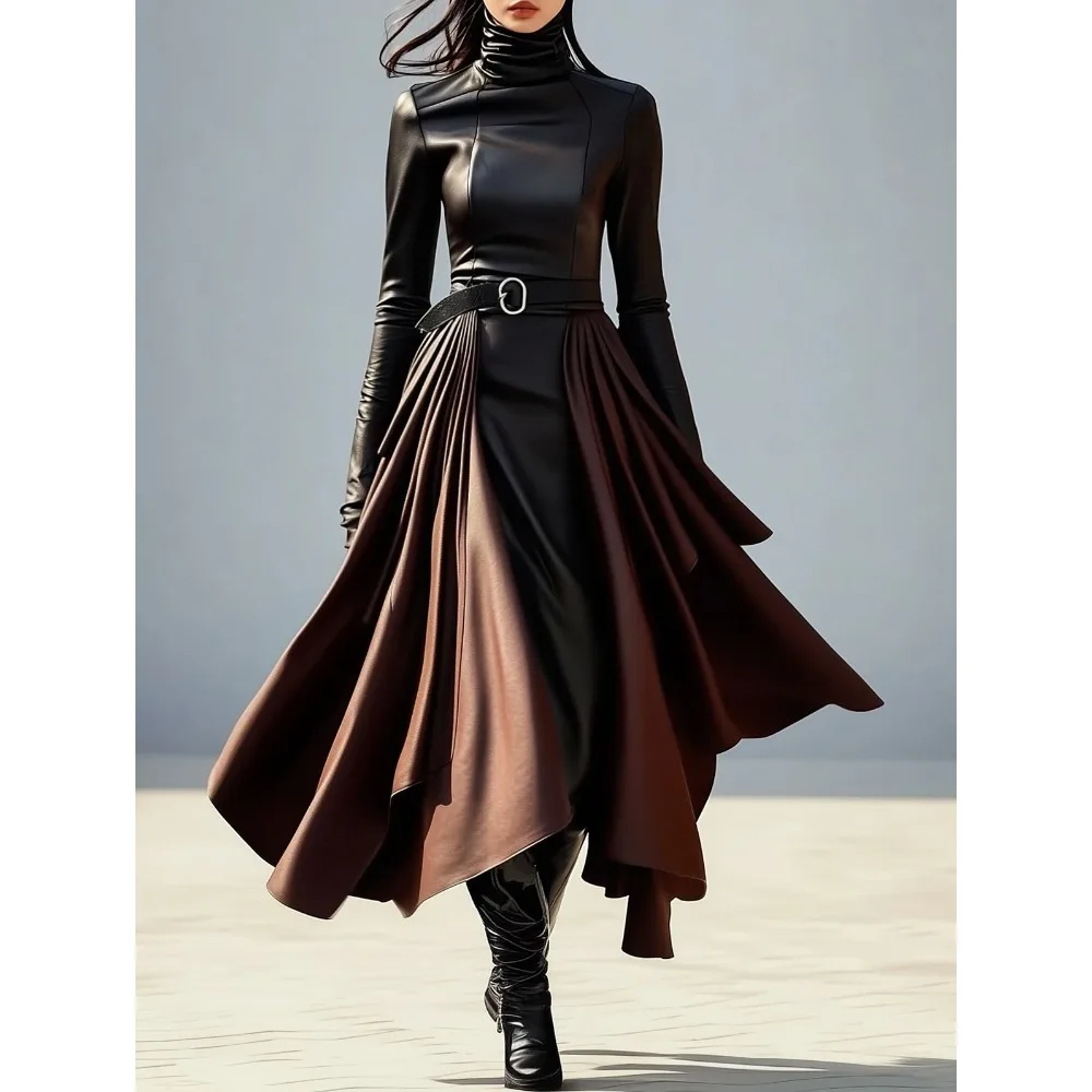 

Elegant Set Dress for Women, Autumn Collection, Waist-Tied Long Sleeve Dress with Lapel and Flared Skirt