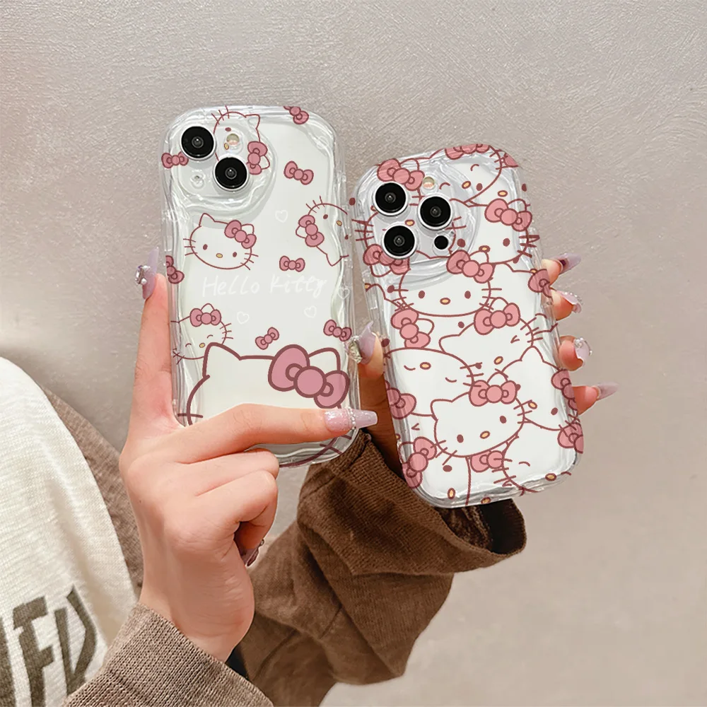 Cute Cartoon Hello Kitty 3D Wave Phone Case For OPPO Reno 11 F 8 T 7 Z 6 5 4 Pro F23 F11 F9 4G 5G Soft Silicone Back Cover