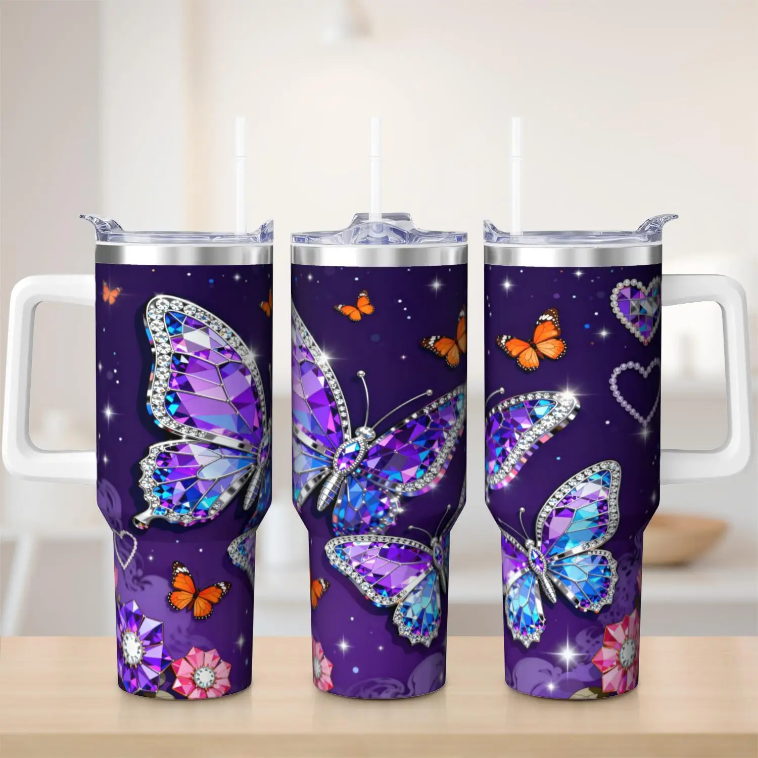 1ps Butterfly Handle Cup Set with Straw, Maximum Capacity 40oz, Inner Layer 304 Stainless Steel, Outer Layer 201 Stainless Steel, Seamless Inner Liner, Lid Made of PC Material, Suitable for Home, Office, Outdoor, Sports, and Car Use