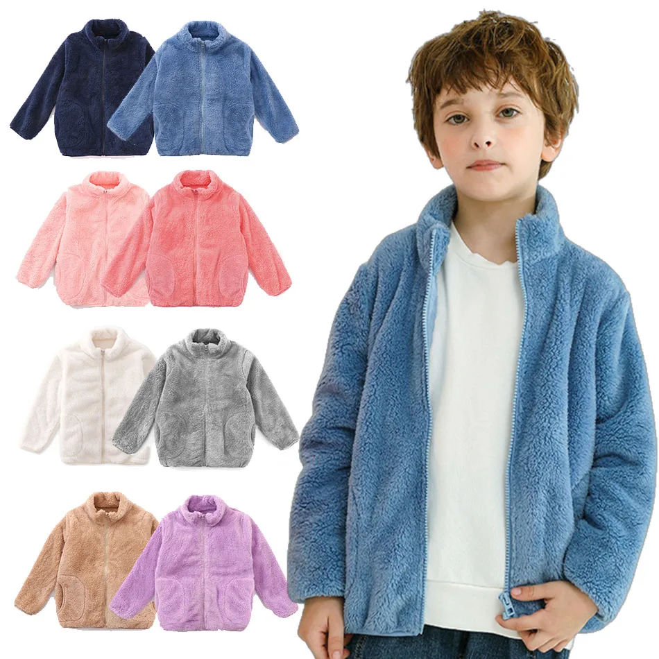 Kids Clothes Boy Girl Candy Color Spring Autumn Jacket Unisex Zipper Fur Tops Children Pocket Fleece Outerwear Outdoor Coat 2023