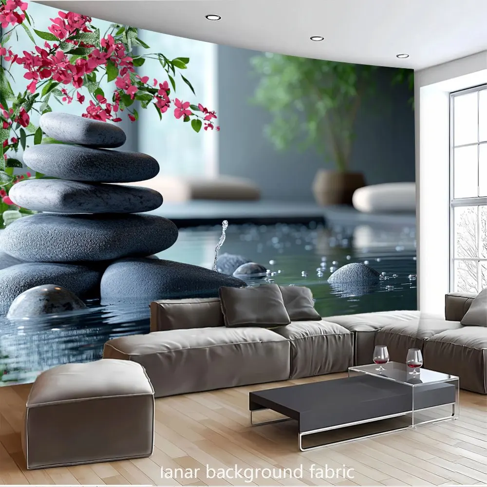 Zen Stone Stack Water Pond 2D Planar Fabric Tapestry Calm Spa Background for Living Room Yoga Studio Meditation Space Decor