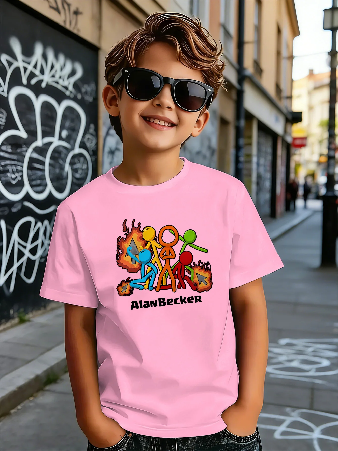 Alan Becker Stick Figure Cartoon Print Boys Girls Family Matching Cotton Short Sleeve Crew Neck Soft Summer Kids Casual Tees