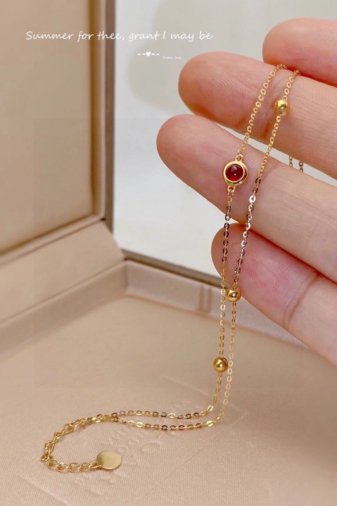 18 Karat Real Gold Bezel Set Round Natural Pigeon Blood Ruby 2 Layers Chain Bracelet For Women Custom 14K 18K Solid Gold Jewelry