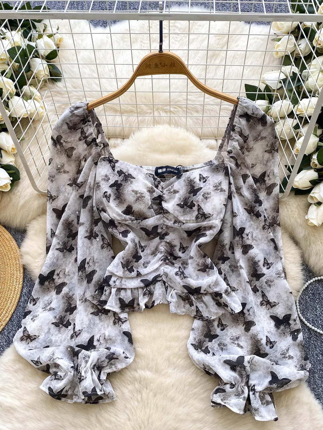 Floral Embellied Women's Chiffon irt Square Collar Gathered Waist Lantern Sve ort Top Korean Sle Loose Fit Long Sl...