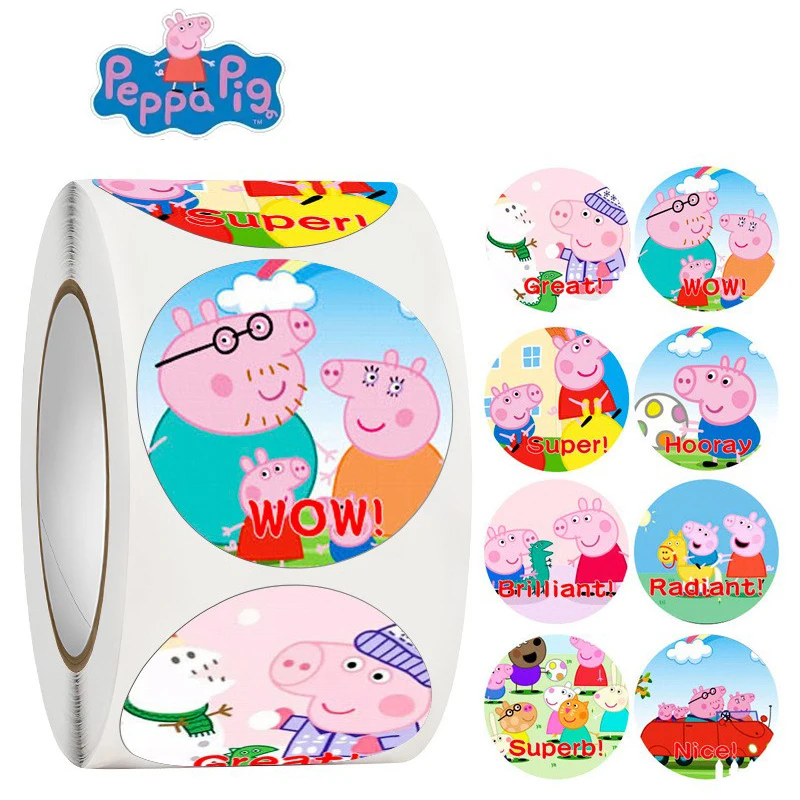 Peppa Pig Roll Stickers 500PCS Cute Round Cartoon Stickers for Kids Reward Party Favor DIY Scrapbook Decals