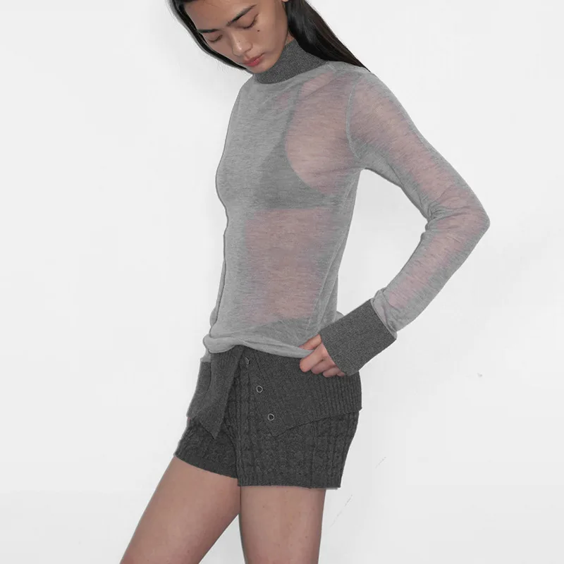 Turtleneck Patchwork Long Sleeve Tops Solid Slim Women‘s T-shirt Casual Street Women Pullover 2024 Spring Autumn Women Clothing image 5