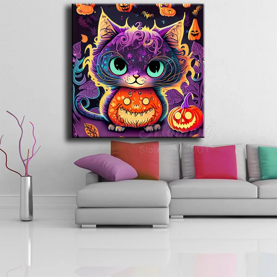 AI Generated Halloween Theme Diamond Painting Pumpkin Dog Cat Special Drills Art AB Crystal Glow-in-the-Dark Stone ASF2769