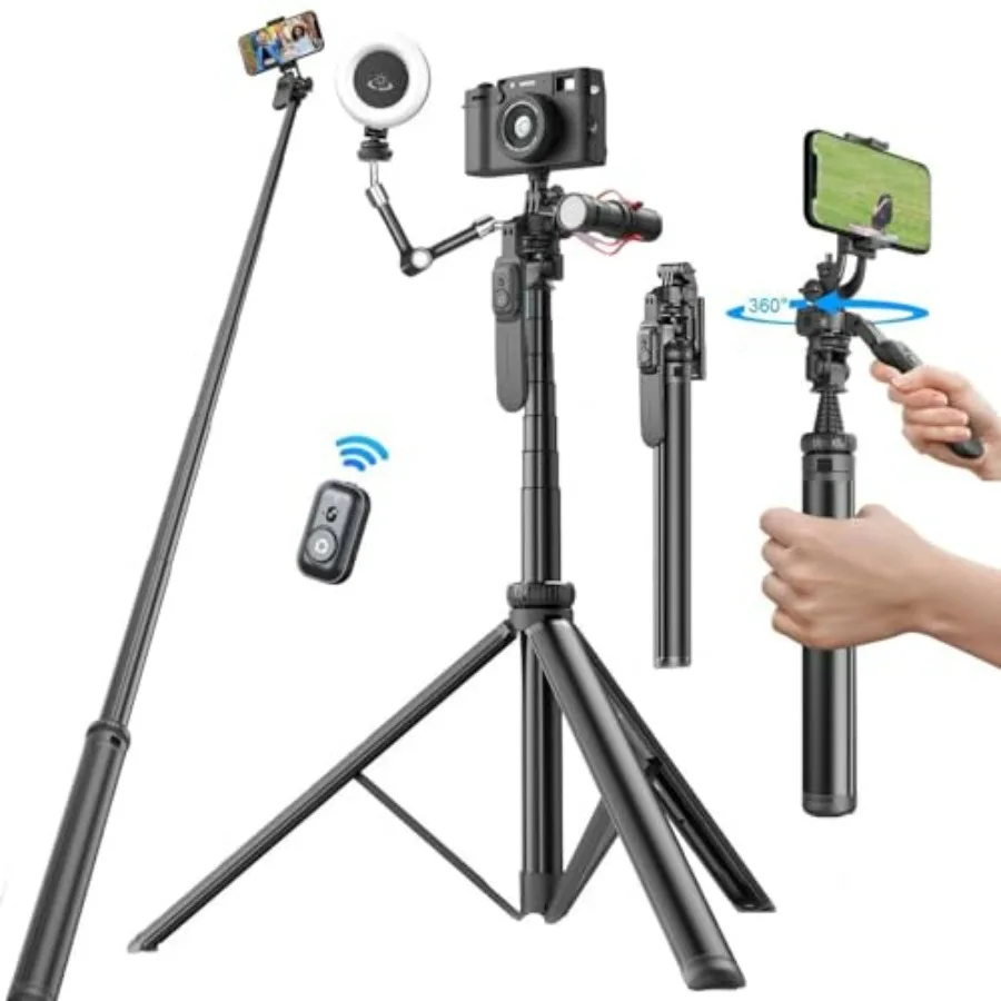 80 All-in-One Extendable Phone Tripod Selfie Stick for iPhone with Remote and Cold Shoe Mount 360 Rotation Aluminum Camera Hold
