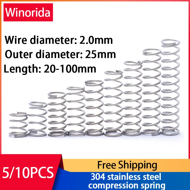 

304 Stainless Steel Compression Spring Return Spring Steel Wire Diameter 2.0mm Outside Diameter 25mm Pressure Spring 5/10 Pcs