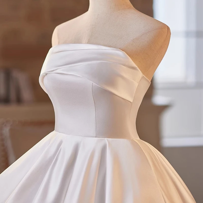 AnXin SH princesa satén blanco sin tirantes sin mangas volantes encaje hasta novia fiesta corto vestido de noche personalizado pequeño vestido blanco