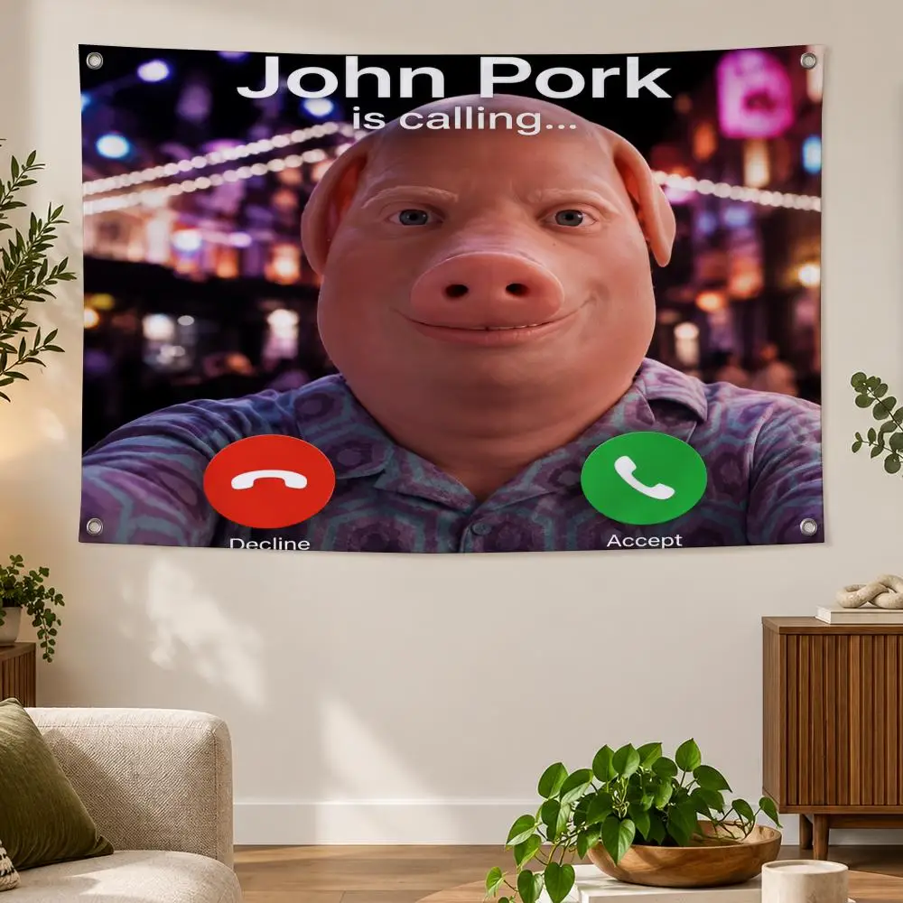 Meme Funny Viral Internet Surreal Bold J-John Pork Flags Banner Decor for Bedroom,Garden,Party,Club,Gaming Room,Indoor Outdoor