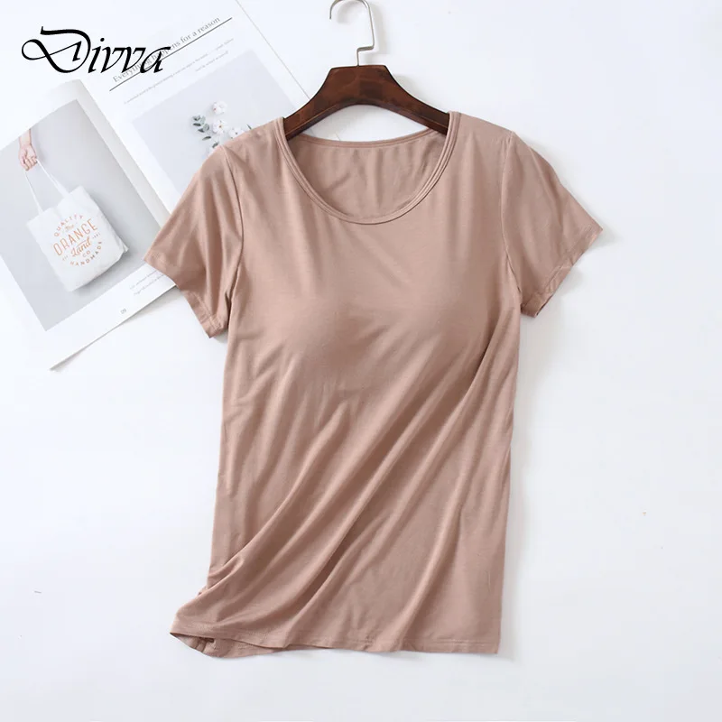 Sleep Tops Short sleeved T-shirt with Chest Pad Women Modal Cup One Piece Fitted Bottom Shirt Women\'s Top Round Neck No Wear Bra