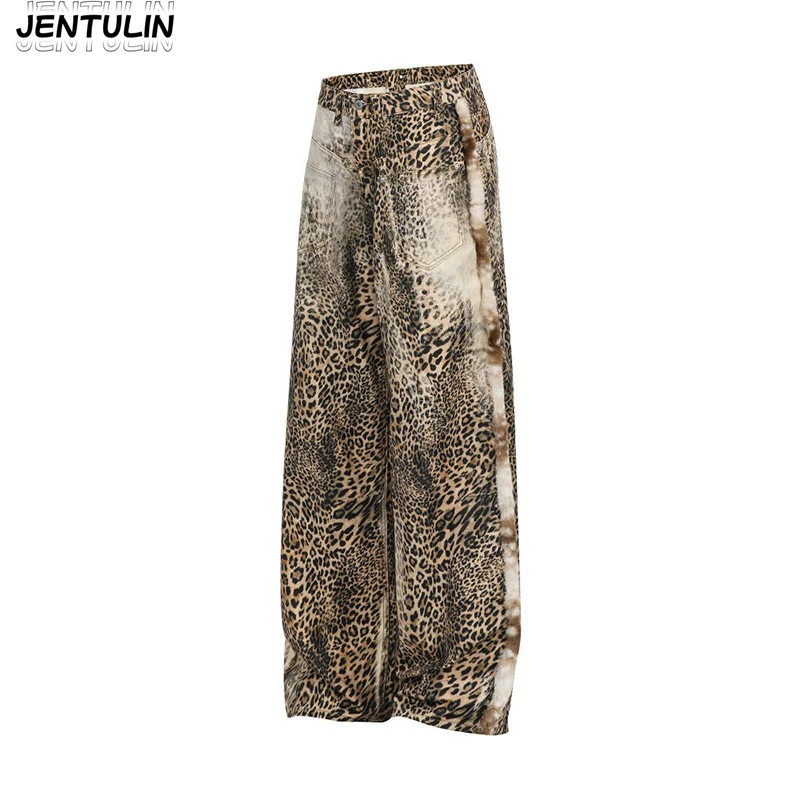 American High Street Vintage Coffee Color Tiger Leopard Print Jeans For Men Heavyweight Curved Knife Wide Leg Trendy Brand Pants