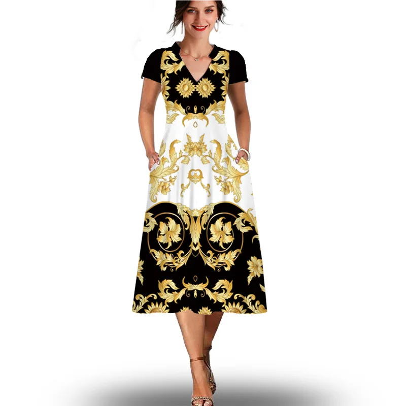 2023 Europe and America Border Women's NewStationShort Sleeve Mid-Length Dress Positioning Printing L