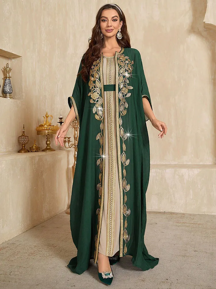 Robe de soirée pour femmes musulmanes, kaftan marocain, Dubaï, Abaya, Djellaba Eid, Islam Jalabiya, Turquie, Ramadan éducatif, ensemble de 2 pièces