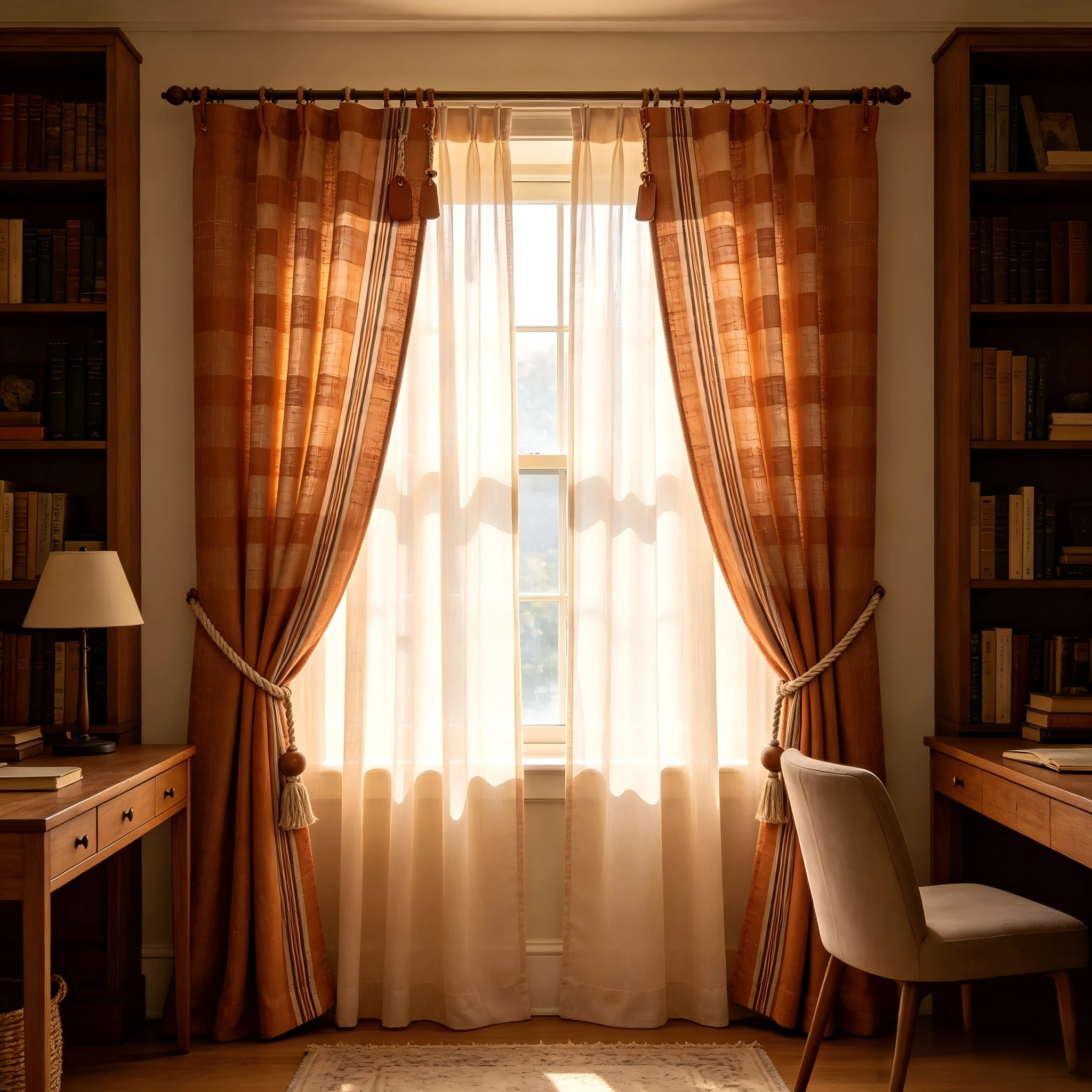 200296  Reading the caramel colored coarse woven linen checkered fine striped patchwork curtains in the study room