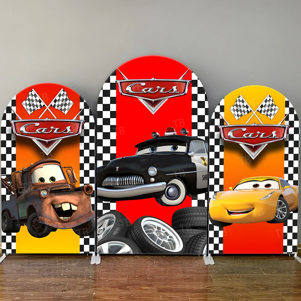 

Disney Pixar Cars Arch Backdrop Cover Race Flag Tires Elements Cool Photo Booth Props for Kids Birthday Parties&Home Decoration