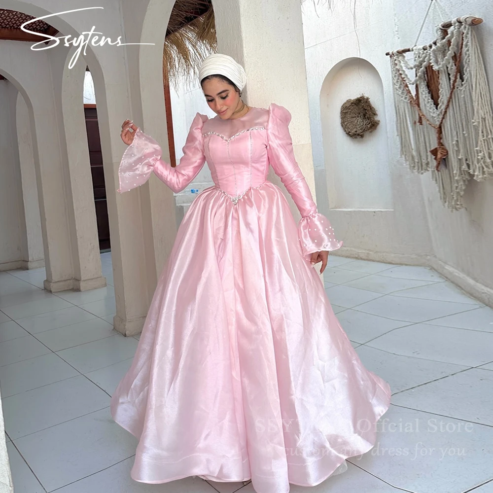 

SSYTENS Pink Muslim Party Dresses for Women Beading Long Sleeves Special Occasion Prom Gowns Custom Long Saudi Evening Dress