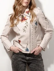 2024 moda kadınlar Vintage çiçek nakış perçin sahte DERİ CEKETLER bayanlar PU Motor siyah Voilet bej Punk Streetwear mont