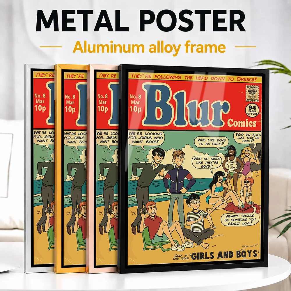 Blur Girls And Boys Comic Metal Poster With Aluminum Alloy Frame Personalized Photo Halftone Pop Style Wall Art For Reading Nook