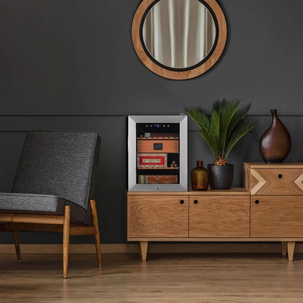 

Электрический хьюмидор-винный шкаф на 250 сигар из нержавеющей стали, с испанскими полками, термоэлектрическое охлаждение, на заказ