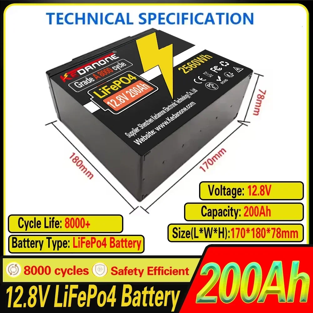 🎁12.8V 200AH LiFePO4 Battery Built-in 120A BMS RV Rechargeable Lithium Iron Phosphate, Solar Marine Overland Off-Grid Battery