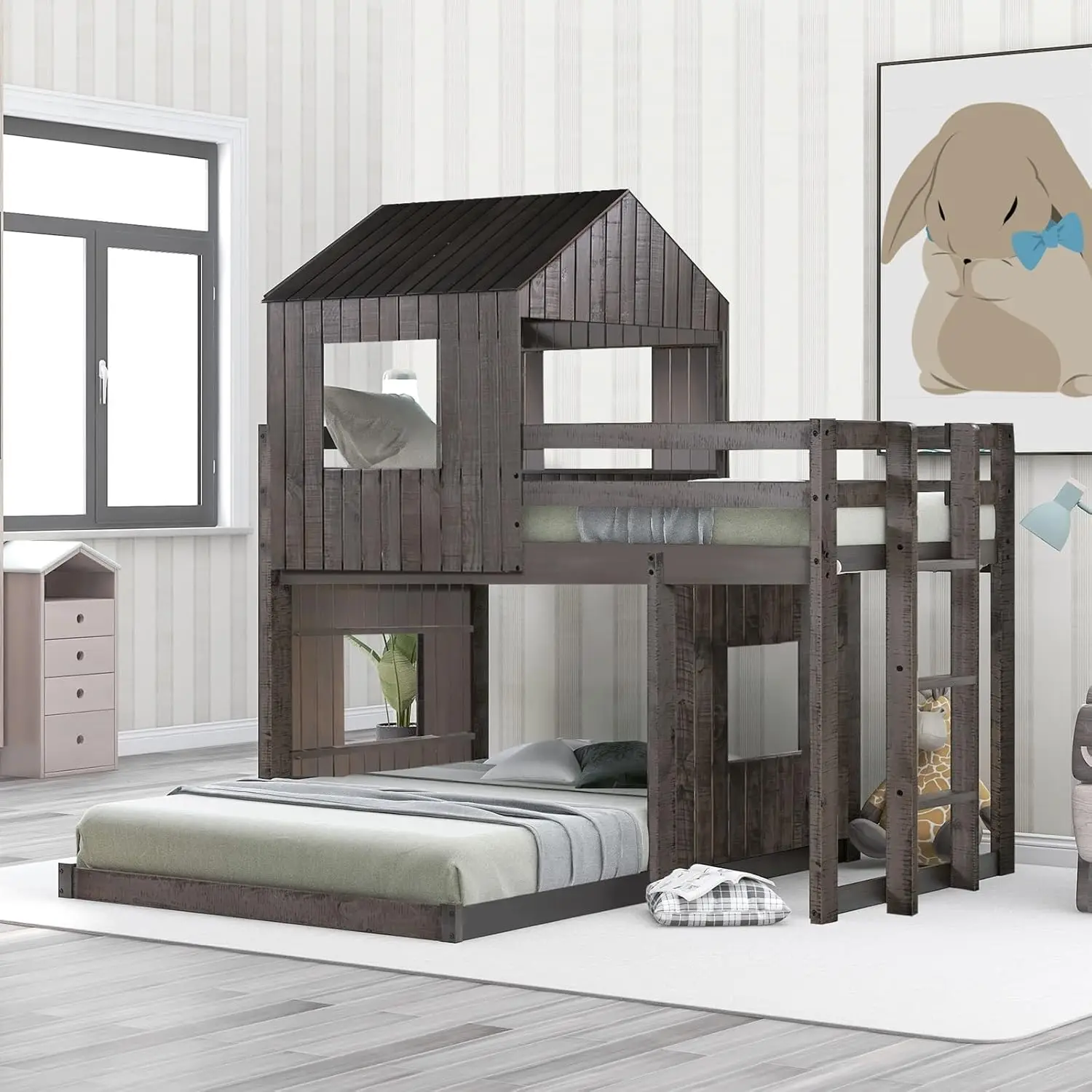 

Wooden Twin Over Full Bunk Bed, Loft Bed with Playhouse, Farmhouse, Ladder and Guardrails, Antique Gray, Kids Bed