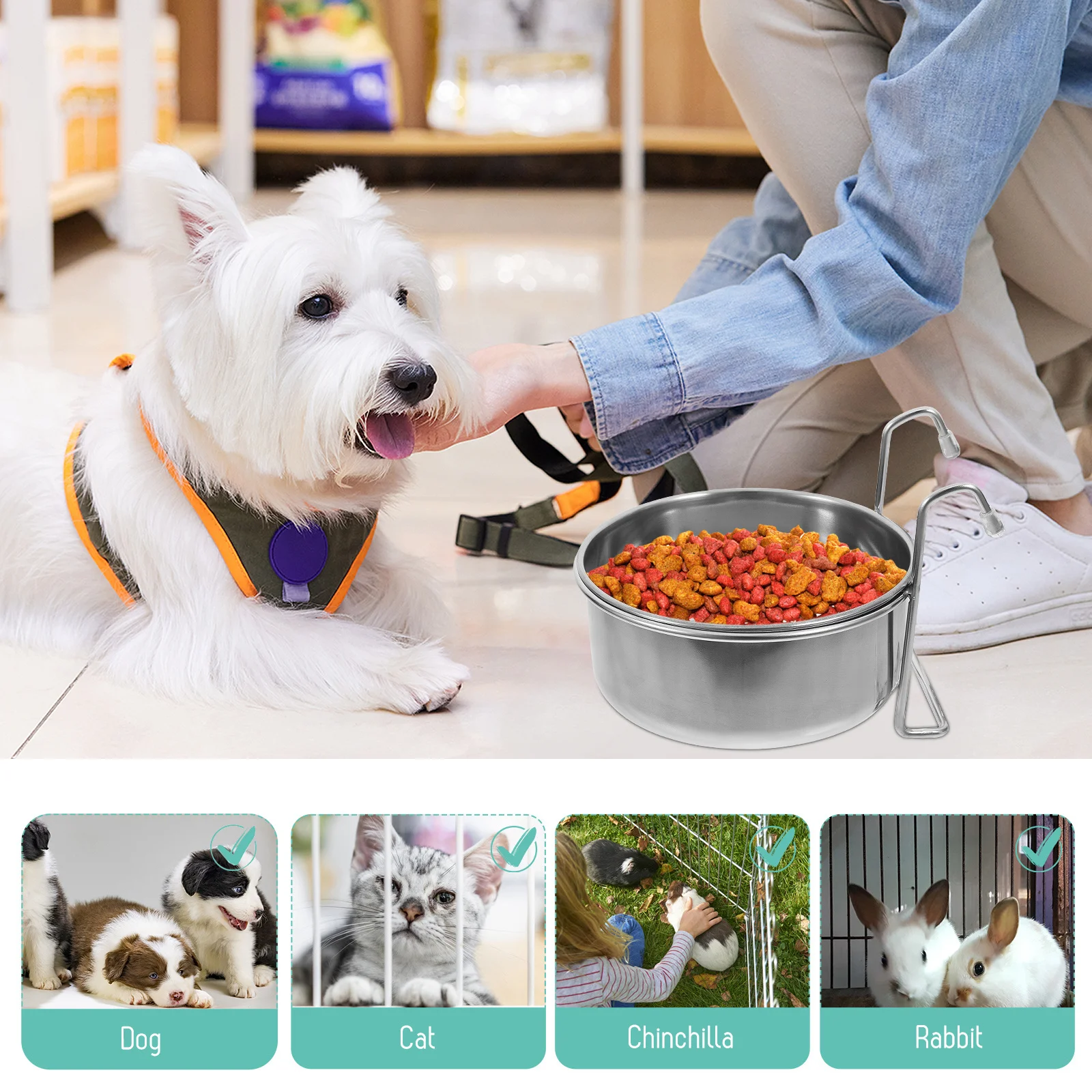 

1Set Stainless Steel Pet Bowl Hanging Type Feeder for Cats Dogs Cage Mountable Non-Slip Rustproof Pet Eating Drinking Bowl Set