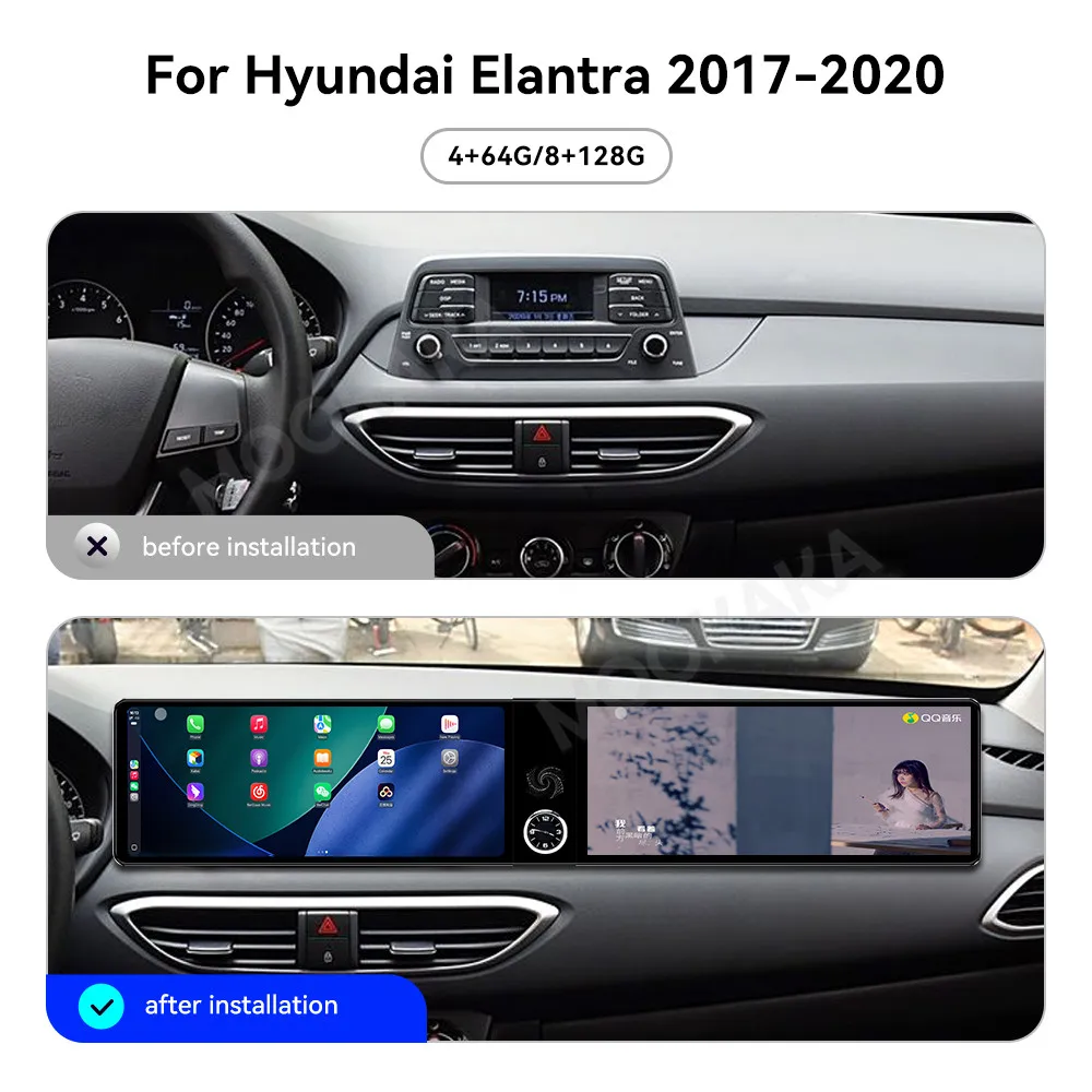 8+128GB Android 13 Car Radio Player 12.3inch Dual Touch Screen for Hyundai Elantra 2017 2018 2019 2020 GPS Navigation HeadUnit