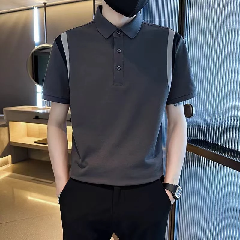

Men's Fashion Summer Short Sleeve Color Block Polo Shirt Korean Style Casual Collar T-Shirt with Patchwork Design Premium Look