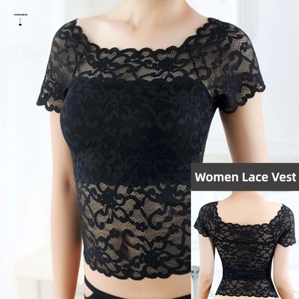 Spicy Girl Style Hollow Lace Camisole Square Neck Transparent Crop Tops Tanks Sleeveless Undershirt Vest Spring Summer