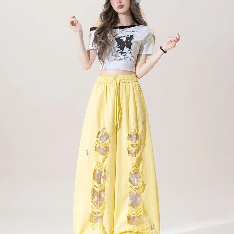 Milk yellow lace patchwork ripped jeans women's summer new high waisted drawstring star embroidered design wide leg pants