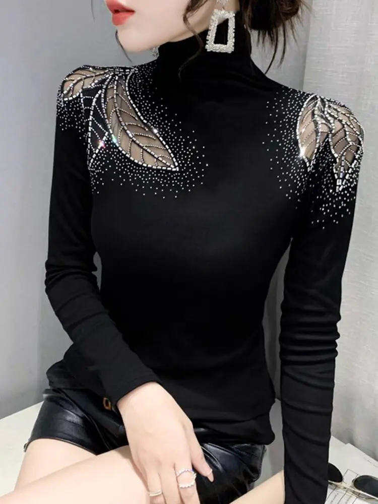 2024 New Arrival Diamond Set T-shirt Autumn Winter Woman M-3XL Long Sleeve Stand Collar High quality Cotton Velvet Hollow Out
