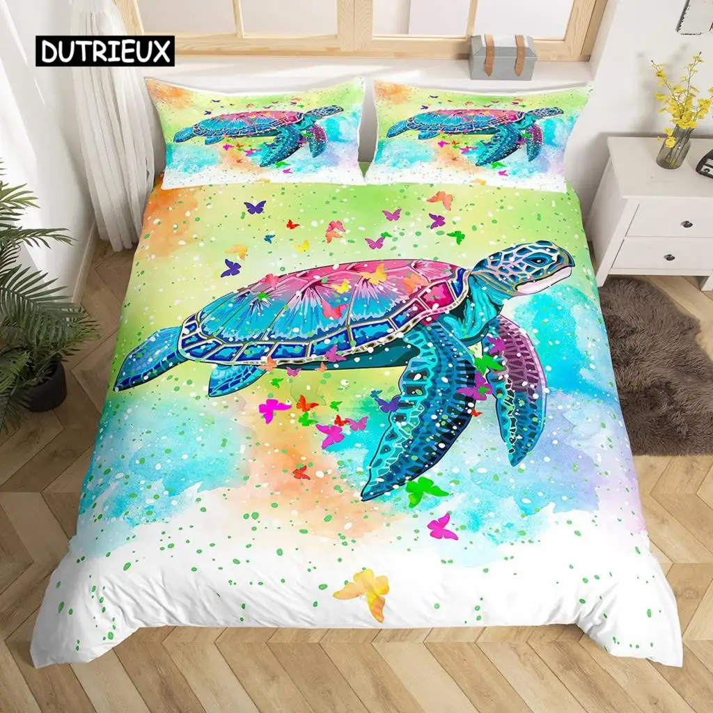 

Sea Turtle King Queen Duvet Cover Watercolor Tortoise Butterfly Comforter Cover Girly Dreaming Animals Polyester Bedding Set