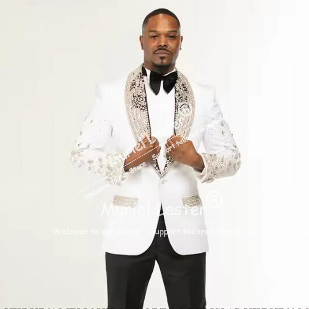 Sparkly Crystals Beading Suit Man For Wedding Shawl Lael Prom Blazer Customized 2 Piece Sets Groom Tuxedos Man Business Outfits