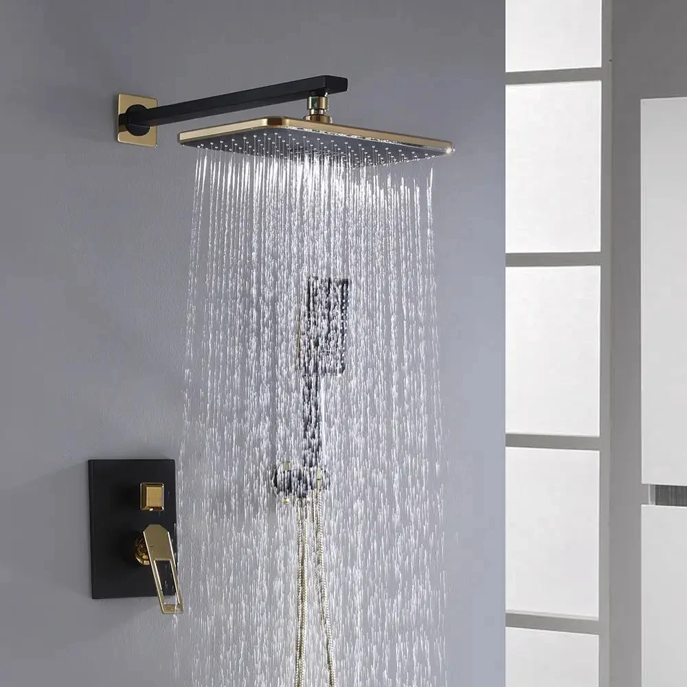 

Modern Luxury Single-Handle Concealed Brass Bathroom Shower Set Wall-Mounted Rain Black Gold Color for Hotels Ceramic Valve Core