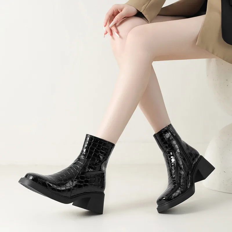 

Женские ботильоны с квадратным носком и каменным узором, короткие ботинки на массивном каблуке с боковой молнией