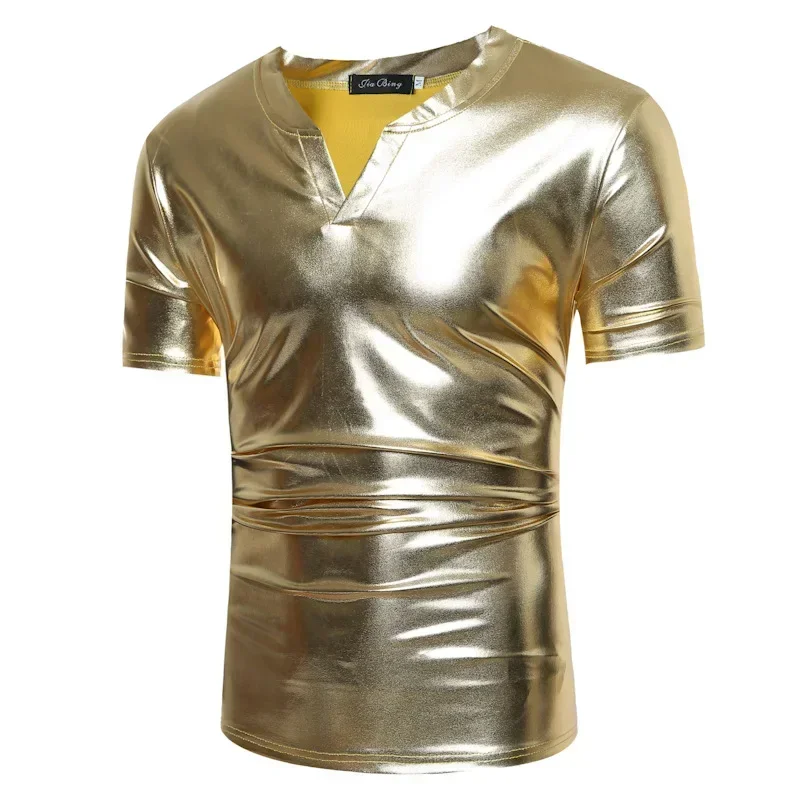 Men Hip Hop Streetwear Casual Tee Shirt Homme DJ Nightclub V Neck Tshirt Men Camiseta Shiny Gold Metallic Short Sleeve T Shirt