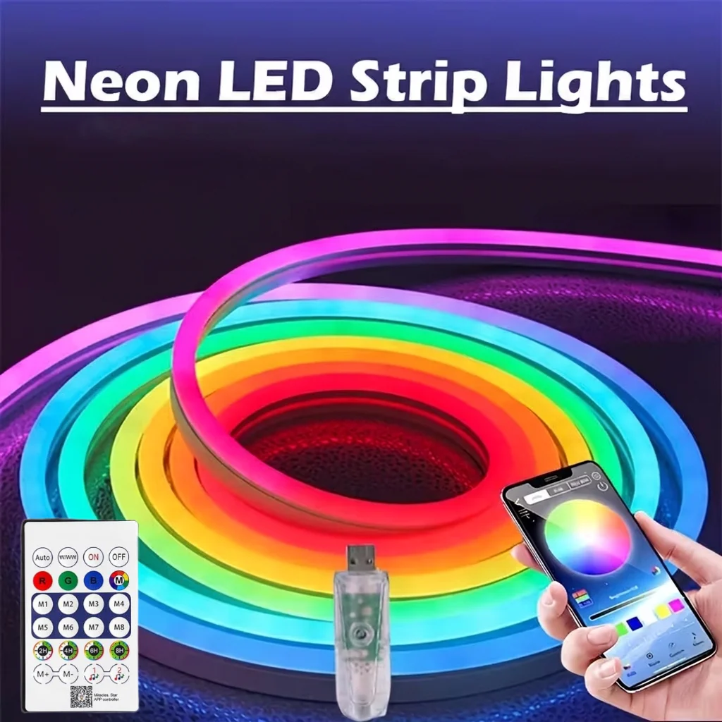Dreidrahtige RGB-IC-Neonlichtleiste, Unterstützt App- und Fernbedienung, mit Einstellbaren Farben, Synchronisierbar mit Musikrhythmen über die App und Unterstützt eine Timer-Schaltfunktion.