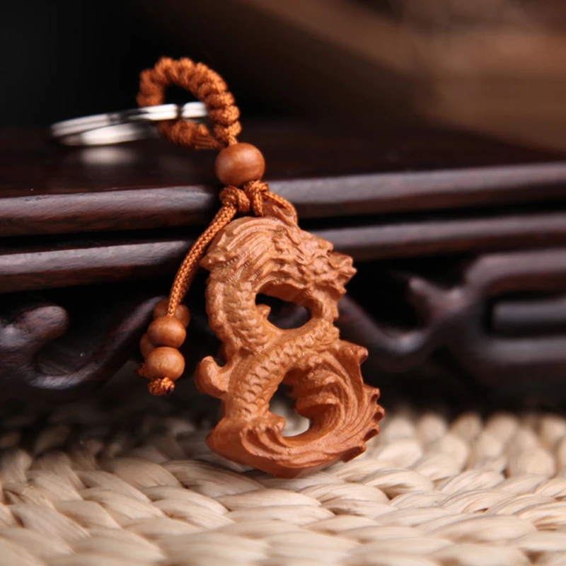 Chinese Style Keychain Peach Wood Zodiac Dragon Keychain Wood Carving Pendant Car Key Backpack Decoration Good Luck Amulet