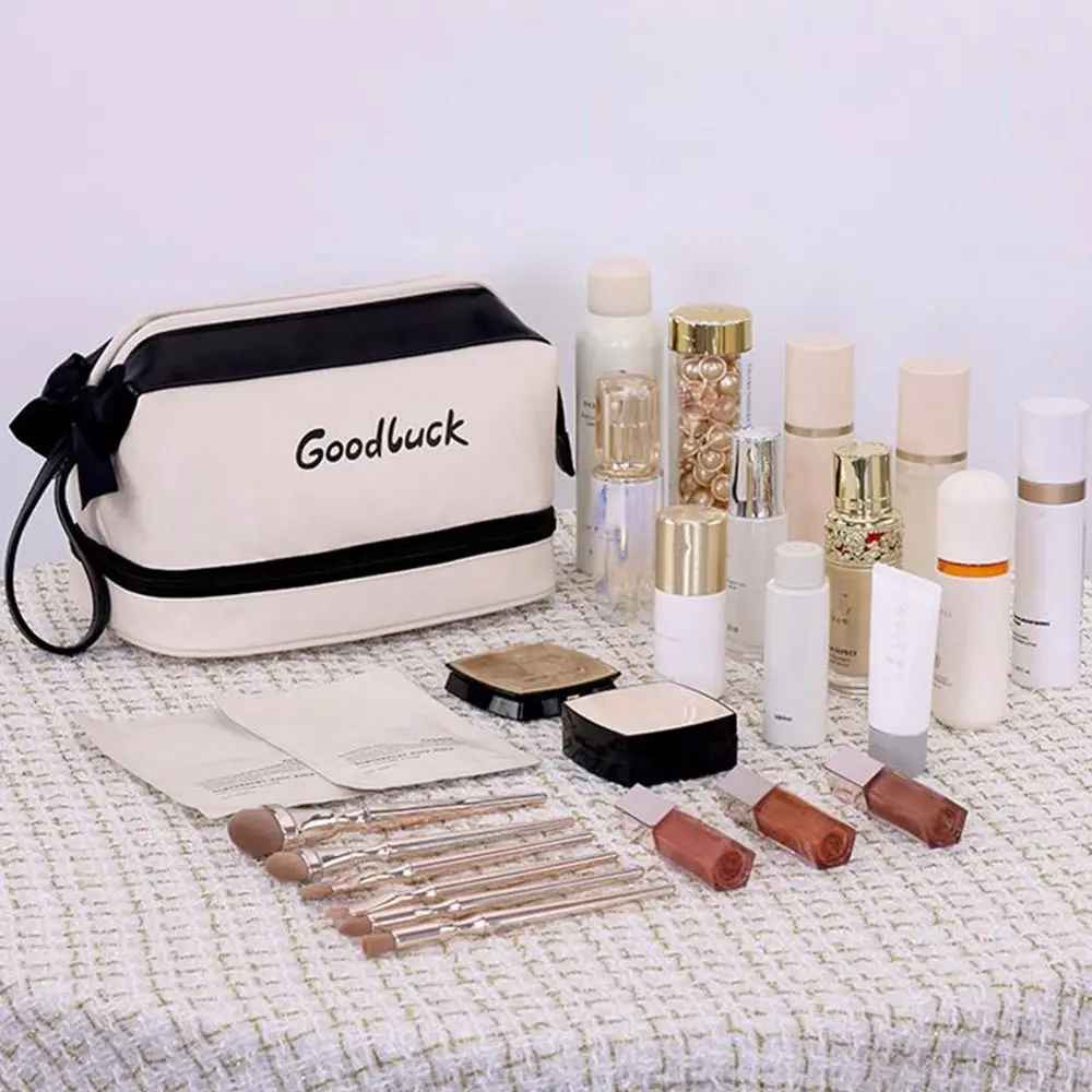 

Waterproof PU Washing Bag Large Capacity Large Opening Design Cosmetics Bag Double Layer Toiletry Bag Home